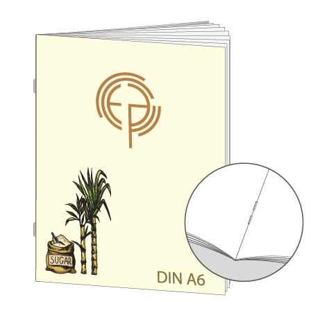 Broschüre aus Zuckerrohrpapier | DIN A6 32-Seiter | bedruckt